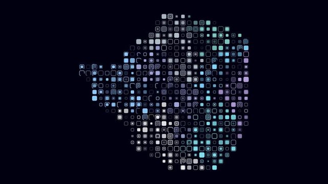 Zimbabwe animation. Shape of the country with pulsating colored dots. Large size rounded square blocks. Digital style map on dark background. Artistic video.