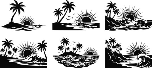 Set of black palm tree and ocean sunset silhouettes isolated on a white background isolated on white background © all silhouette