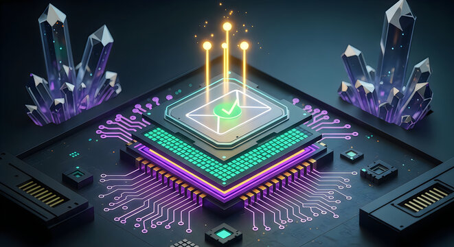 Futuristic email server infrastructure with crystal elements and neon circuitry visualization