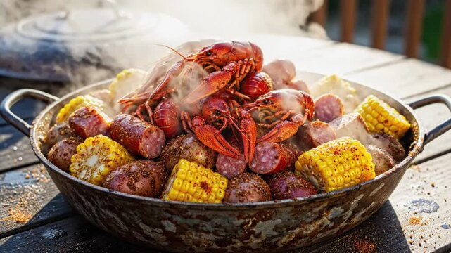 Steaming Louisiana crawfish boil with sausage, corn, and potatoes in a rustic metal pan, ready to eat