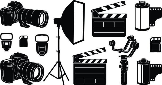 Photography and movie filmmaking equipment studio vector icon set with black silhouettes of professional cameras softbox light clapperboard gimbal stabilizer film roll sd card