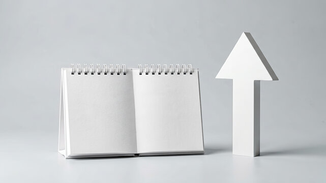 White spiral notepad beside a tall upward arrow on gray background represents business growth strategic planning productivity improvement and measurable corporate progress