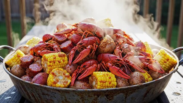 Steaming Louisiana crawfish boil with shrimp, corn, potatoes, and sausage in a metal pan outdoors