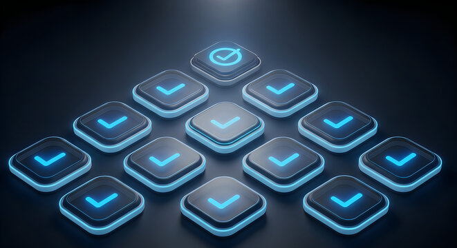 Futuristic blue button grid with a checkmark icon modern ui design element