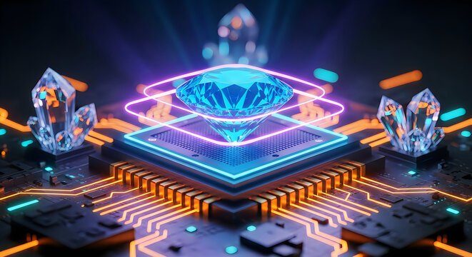 High tech diamond security futuristic chip with gemstone protection and neon lighting effects