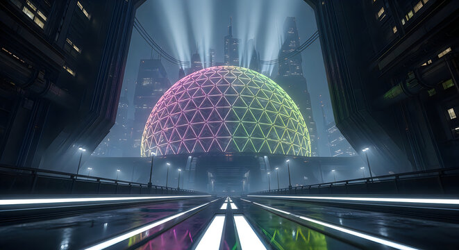 Futuristic cityscape with illuminated geodesic dome and neon lit highway at night
