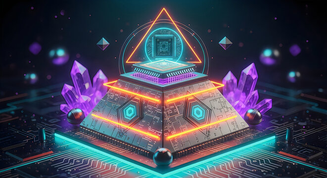 Futuristic crystal server stack with neon glow high tech data processing and quantum computing