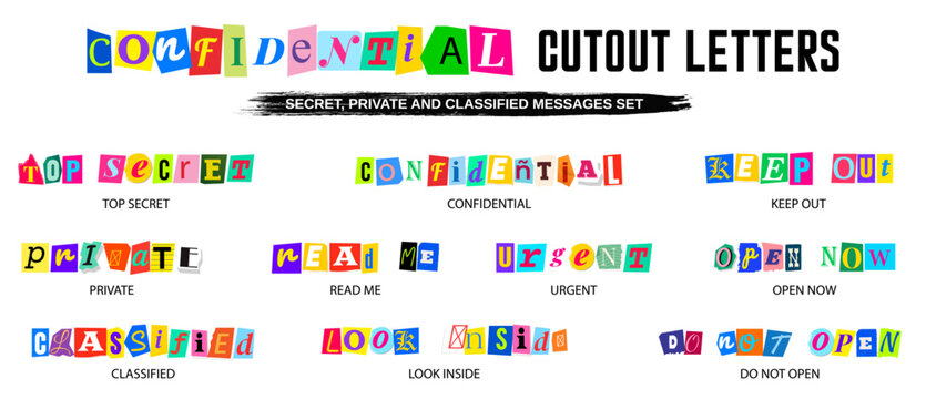 Note Cutout Letters Secret, Confidential, Top Secret, and Private Newspaper Clippings