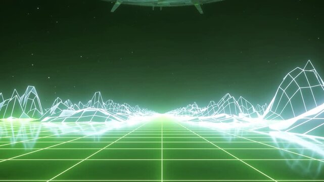 Neon Alien Spacecraft Hovering Above Futuristic Wireframe Mountain Landscape