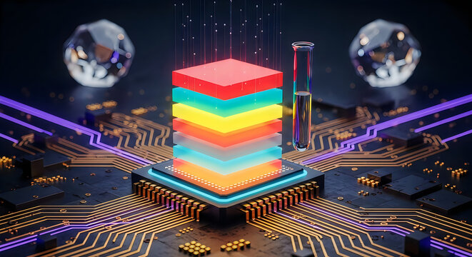 Abstract data stack visualization colorful layers on a circuit board with floating spheres