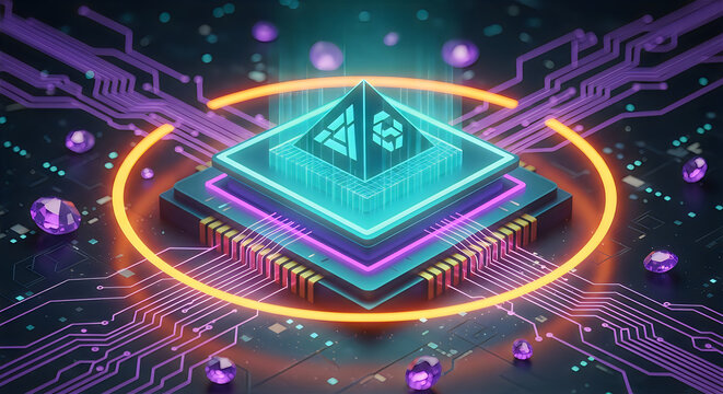 Futuristic ai core a glowing digital pyramid with circuit board technology and neon accents
