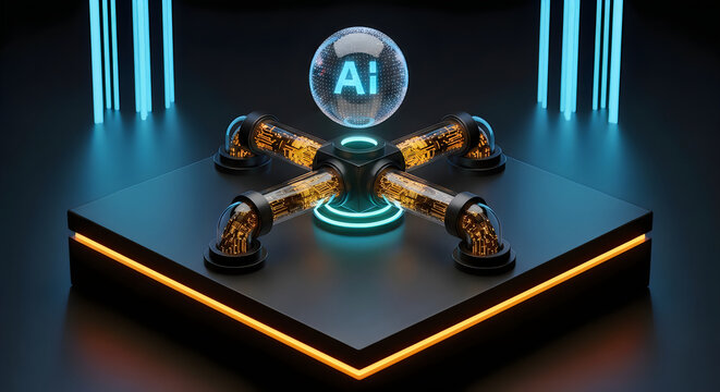 Artificial intelligence core futuristic tech display with circuitry and glowing neon accents