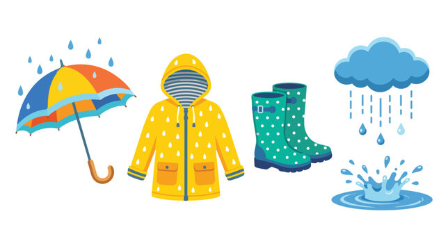 Autumn rainy day vector set, yellow raincoat and colorful umbrella icons, green polka dot rubber boots and rain cloud with water splash