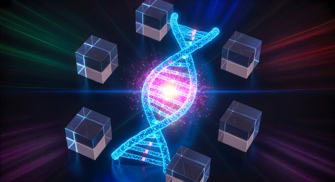 Illuminated dna helix with data cubes biotech genetics and futuristic research concept