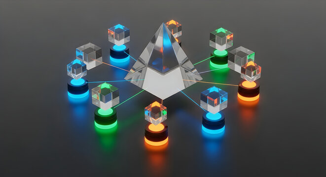 Abstract network connection visualization with glowing cubes and central pyramid structure