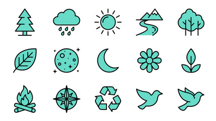 Obraz premium Modern Minimalist Line Art Icons Set Featuring Nature Weather and Symbols in Teal Color with high quality professional line art symbols for modern creative design and digital branding projects