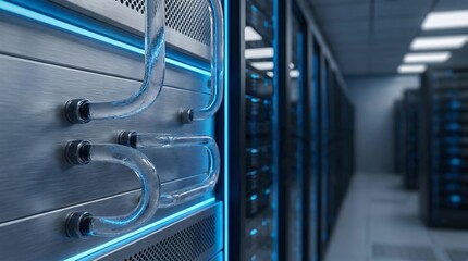 Obraz premium Data Center Server Room with Liquid Cooling System and Blue LED Lighting High Tech Cloud Computing Infrastructure.