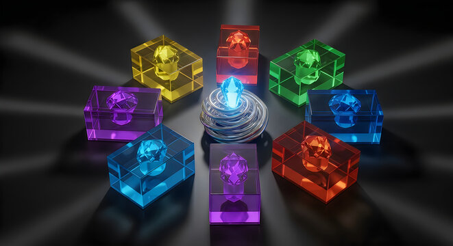 Seven colorful gemstones in glass cubes with a central crystal displayed in dramatic lighting