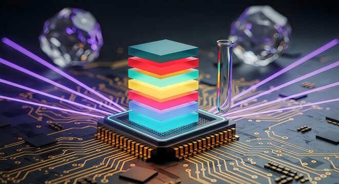 Futuristic tech stack rainbow hued processor on circuit board with floating crystal orbs