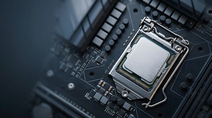 Fototapeta premium High-Performance CPU Computer Processor Installed on a Modern Motherboard for AI and Data Processing.