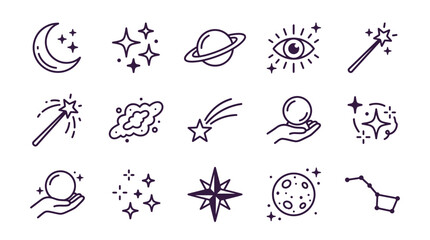 Professional Minimalist Black and White Line Art Icons Set Featuring Magical Celestial and Mystical Symbols for Designers © fifah