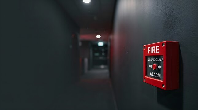 Red Fire Alarm Break Glass Manual Call Point on Dark Wall in Modern Office Building Corridor.