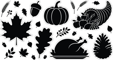 Thanksgiving and autumn harvest silhouette sticker vector set featuring roasted turkey pumpkin maple leaves acorn cornucopia wheat and pinecone isolated on white background © Rakib