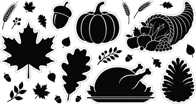 Thanksgiving and autumn harvest silhouette sticker vector set featuring roasted turkey pumpkin maple leaves acorn cornucopia wheat and pinecone isolated on white background