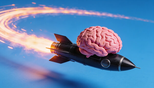 Human brain riding fast black rocket flying through blue background with glowing orange spark trail 3d render