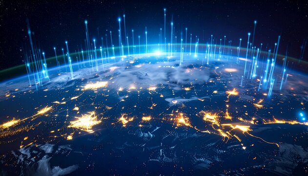 "Futuristic Earth with glowing data streams, symbolizing global connectivity, communication networks, and technological advancement."