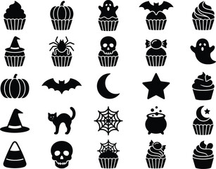 Fototapeta premium Halloween Cupcake Silhouette Icon Set, Spooky Party Vector Symbols Collection