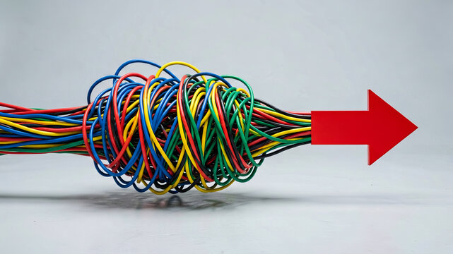 Colorful tangled cables merge into a strong red arrow illustrating organized complexity streamlined communication unified direction and efficient business transformation