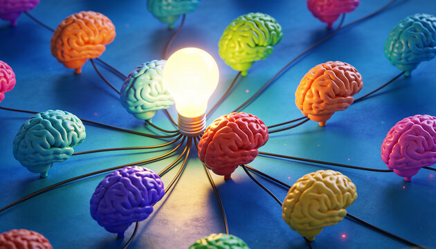 Glowing light bulb connected to multiple colorful human brains by black wires on blue background 3D render
