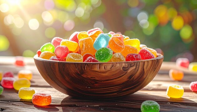 "Wooden bowl of colorful sugar‑coated gumdrops, symbolizing sweetness, vibrancy, and playful indulgence."