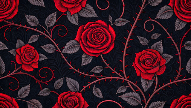 Seamless pattern of red roses and thorny vines on a dark gothic background