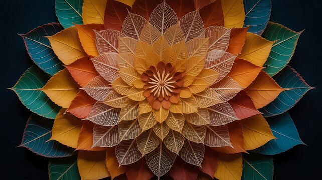 Abstract autumn mandala pattern made of layered colorful leaves on a dark background