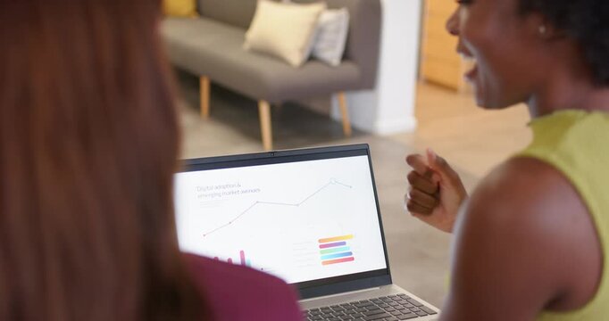 Female coworkers viewing laptop chart, presenter in green top pointing and checking data in lounge