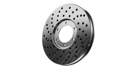 Obraz premium Carbon ceramic brake disc with drilled holes isolated on transparent background for racing