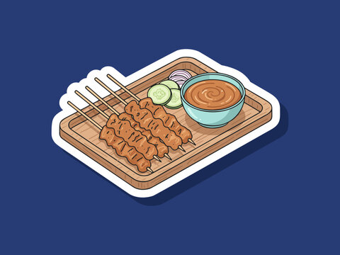 Modern vector illustration of satay skewers on a serving tray food isolated on white background with clean lines and flat colors. Perfect for restaurant menus and stickers design
