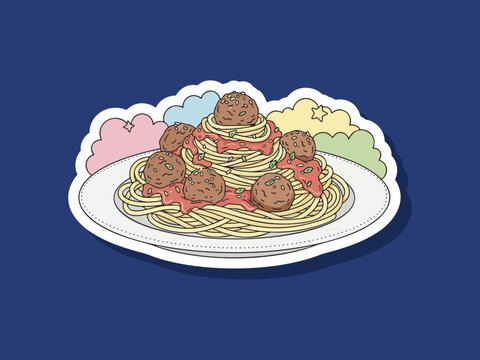 Modern vector illustration of meatball spaghetti on a plate food isolated on white background with clean lines and flat colors. Perfect for restaurant menus and stickers design
