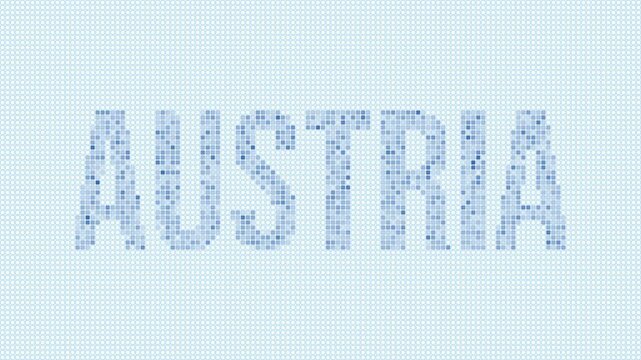 Austria dotted map animation. Digital style shape of the country. Austria shape and title dots appear with bulb flickering effect. Intro, outro, logo, title video.
