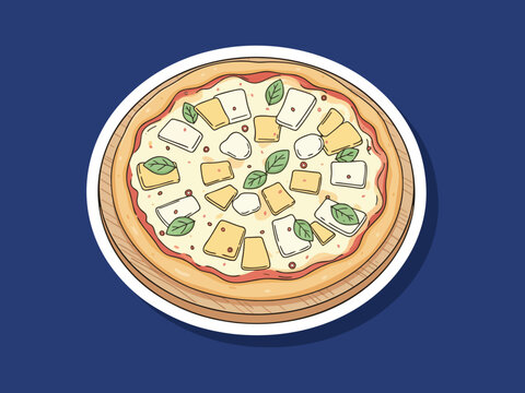 Modern vector illustration of cheese pizza on a pizza board food isolated on white background with clean lines and flat colors. Perfect for restaurant menus and stickers design
