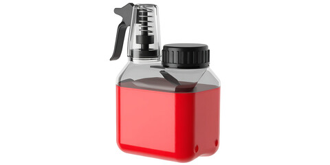 Obraz premium Red fuel canister with safety nozzle isolated on transparent background for racing pit stops