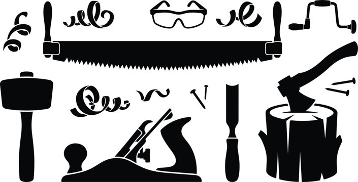 Woodworking carpentry tools and traditional lumberjack craft vector icon set with black silhouettes of hand saw mallet plane axe chisel brace drill wood shavings