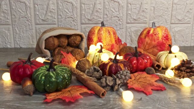 Autumn thanksgiving still life with pumpkins and leaves