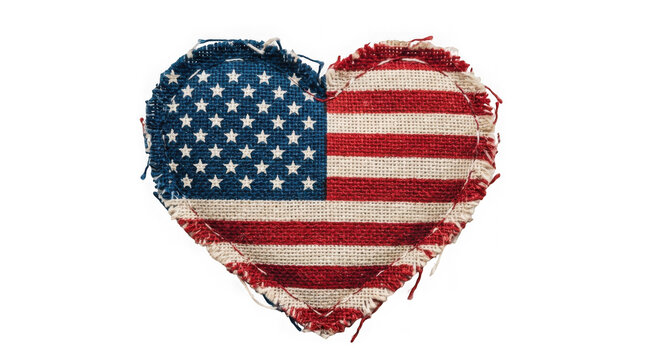 American flag heart shape made of fabric with frayed edges isolated on transparent background
