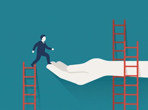 Navy suit businessman climbing red ladder onto giant helping hand