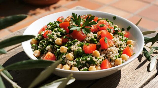 Delicious and Healthy Tabouleh Salad with Fresh Herbs, Tomatoes, Chickpeas, and Whole Grains in a White Bowl