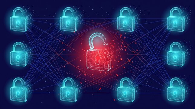 Red padlock breaking open among glowing cyan digital padlocks