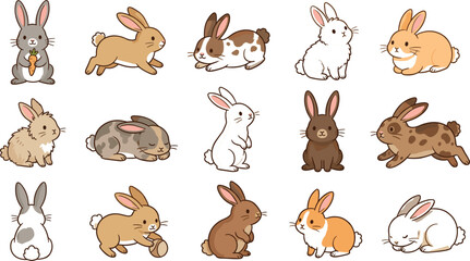 Obraz premium Cute Rabbit Character Vector Illustration Set with Fluffy Bunnies in Various Poses Including Running Eating Carrot Sleeping and Standing for Easter Designs